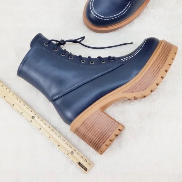 *Unilady Navy Blue Wood Look 3" Chunky Platform Combat Boots - Picture 6 of 7